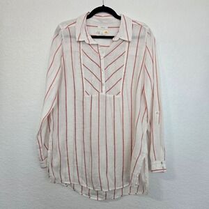 C&C Collection Striped Linen Tunic Shirt Women Large White Red Roll Tab Sleeve